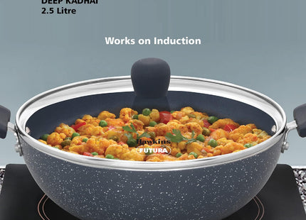 Hawkins Ceramic Nonstick Deep Kadhai with Glass Lid, Induction Granite Kadai, 2.5L & 3.5L