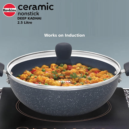 Hawkins Ceramic Non Stick Deep Kadhai 2.5L 3.5L with Glass Lid Granite Finish