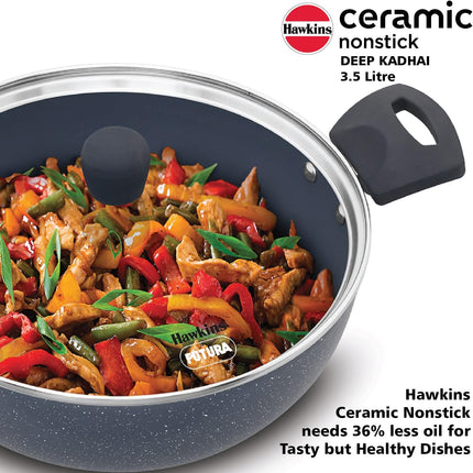 Hawkins Ceramic Non Stick Deep Kadhai 2.5L 3.5L with Glass Lid Granite Finish