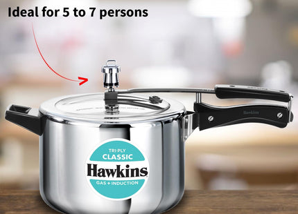 Hawkins Classic 5 Litre Triply Stainless Steel Pressure Cooker with Inner Lid, Induction Compatible, Silver