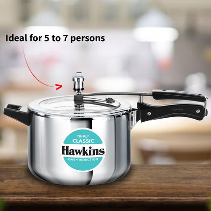 Hawkins Classic 5 Litre Triply Stainless Steel Pressure Cooker  Inner Lid Induction Compatible Heavy Duty