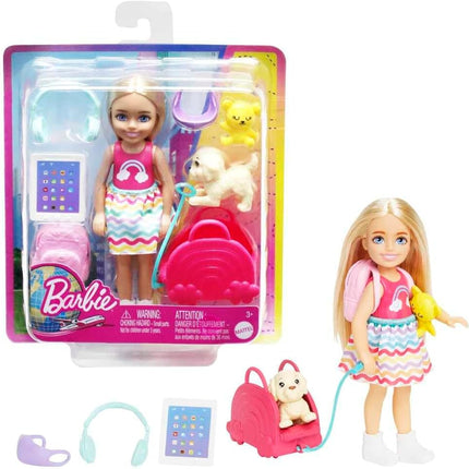 Barbie Chelsea Travel Set – Small Blonde Doll with Puppy, Pet Carrier, Opening Backpack & 6 Travel Accessories – HJY17
