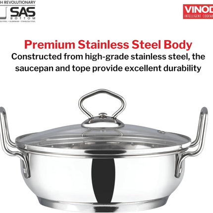 VINOD Stainless Steel Kadai + Glass Lid Deep Indian Kadhai Pan 18cm 20cm 24cm 26cm 30cm Heavy Duty Frying Curries  Stir Fry GAS Induction Compatible Cooking