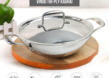 Vinod Platinum Triply Stainless Steel Deep Kadai with Lid Heavy Duty Tri-Ply SS Kadhai Induction & Gas Compatible Even Heat Distribution Mirror Finish | Sizes: 26cm, 28cm, 30cm