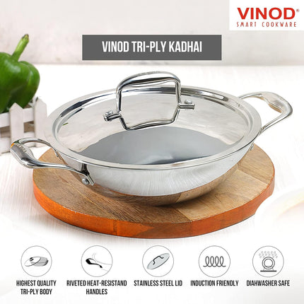 VINOD Platinum Triply Stainless Steel Deep Kadhai Kadai + Lid 26cm 28cm 30cm GAS Induction