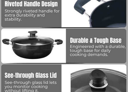 Vinod Black Pearl Hard Anodized Deep Kadai with Glass Lid Heavy Duty Aluminium Kadhai Gas & Induction Compatible Metal Spoon Safe Non-Stick Cooking | Sizes: 18cm, 20cm, 22cm, 24cm, 26cm