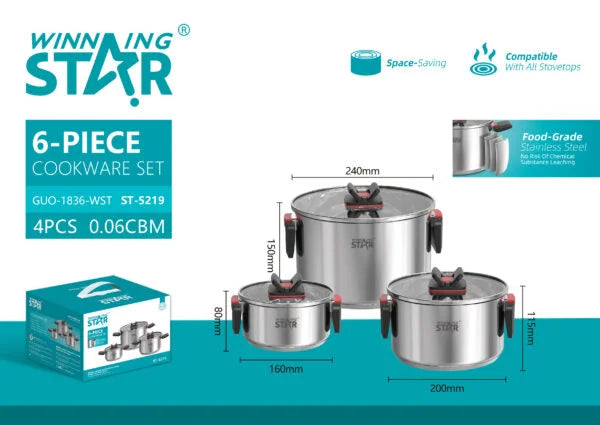 Winning Star Cookware Sets Collection | 10 Piece Cookware Set 23.5 2.3 Litre, 10 Piece Stainless Steel Cookware Set 24 6.5 Litre, 6 Piece Stainless Steel Cookware Set 24 1.4 Litre | Models ST-5219, ST-5101, ST-5215 | Pots And Pans | Cooking Pots |...