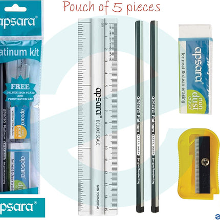 Apsara Platinum 5 Pieces Writing Kit - Pencils + Eraser + Sharpener + Ruler + ZOFAX Black Ball Pen