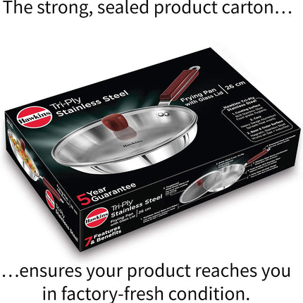 Hawkins Tri Ply Stainless Steel Frying Pan 26cm Glass Lid 3mm Construction