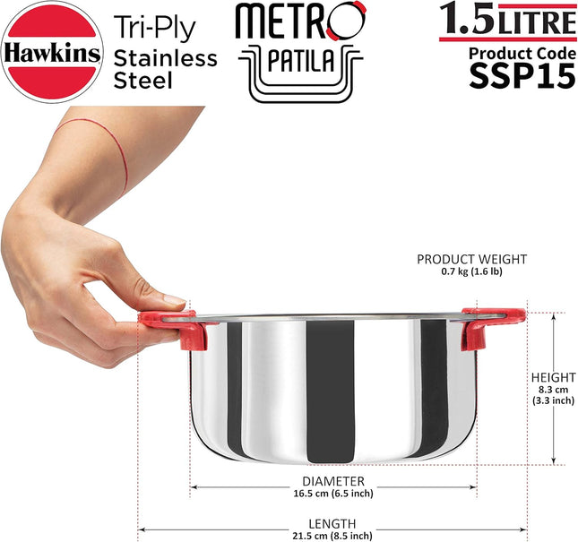 Hawkins 1.5 , 2 , 2.5 Litre Metro Patila Triply Stainless Steel Tope Induction Bhagona Tapeli Silver