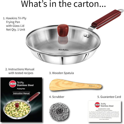 Hawkins Tri Ply Stainless Steel Frying Pan 26cm Glass Lid 3mm Construction