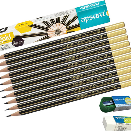 Apsara Gold 10 Wooden Pencils Eraser Sharpener Break-Resistant Lead Office School