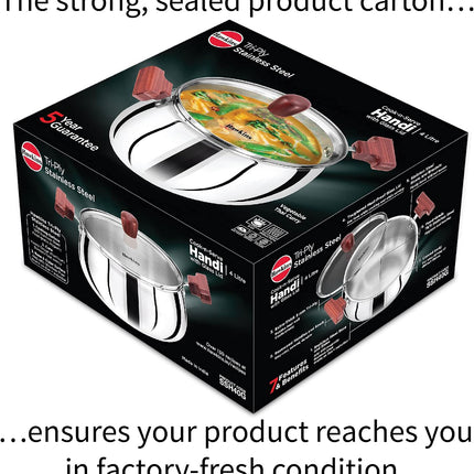 Hawkins Tri Ply Stainless Steel Handi 3L 4L 5L Glass Lid Induction Compatible Cook Serve Pot