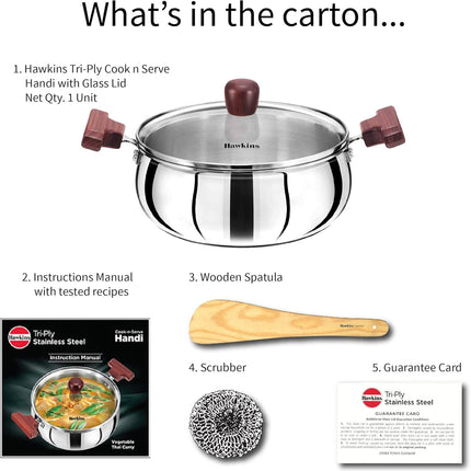 Hawkins Tri Ply Stainless Steel Handi 3L 4L 5L Glass Lid Induction Compatible Cook Serve Pot