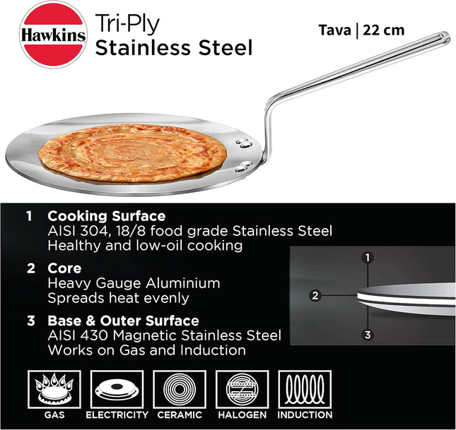 Hawkins Tri-Ply Stainless Steel Induction Compatible Tava, Diameter 22 , 26 cm Thickness 3.5 mm Silver