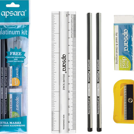 Apsara Platinum 5 Pieces Writing Kit - Pencils + Eraser + Sharpener + Ruler + ZOFAX Black Ball Pen