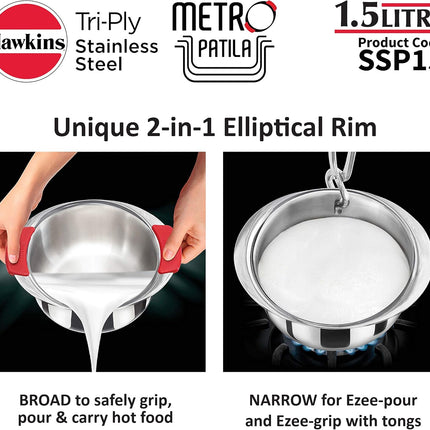 Hawkins Tri Ply Stainless Steel Cook and Serve Handi 1.5L 2L 2.5L with Silicone Grip