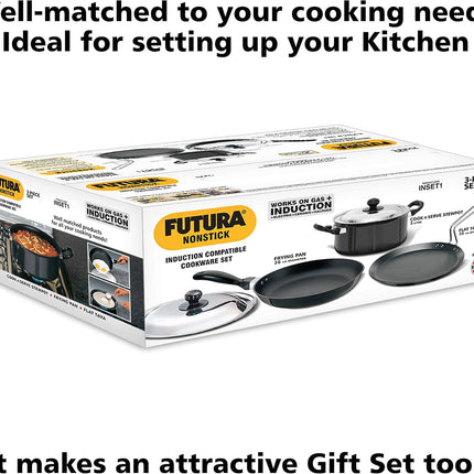 Hawkins Futura 5 Piece Non Stick Cookware Set Induction Compatible Aluminium Frying Pan Flat Tawa Stewpot