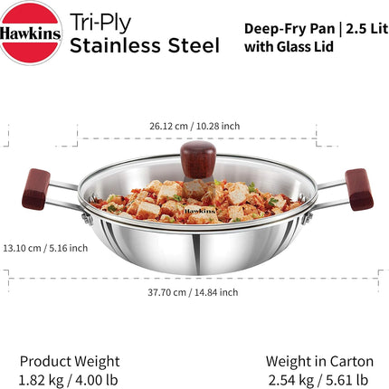 Hawkins Tri Ply Stainless Steel Kadai 1.5L 2.5L Deep Fry Pan Glass Lid GAS Induction Compatible