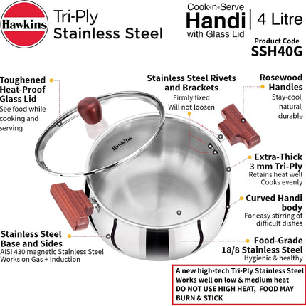 Hawkins Tri Ply Stainless Steel Handi 3L 4L 5L Glass Lid Induction Compatible Cook Serve Pot