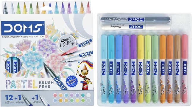 Doms Super Soft Tip Pastel Shades Brush Pen Set | 12 Pastel + 1 Silver + 1 Blender | Ideal for Doodling, Illustrations, Calligraphy, Artists & Professionals | Pack of 1