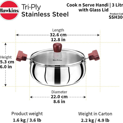 Hawkins Tri Ply Stainless Steel Handi 3L 4L 5L Glass Lid Induction Compatible Cook and Serve Pot