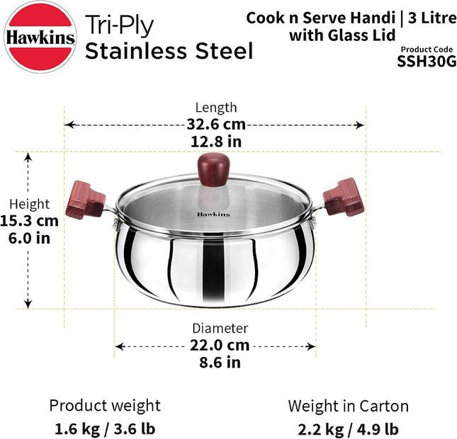 Hawkins 3 , 4 , 5 Litre Cook n Serve Triply Stainless Steel Handi with Glass Lid, Induction Sauce Pan, Biryani Handi, Silver