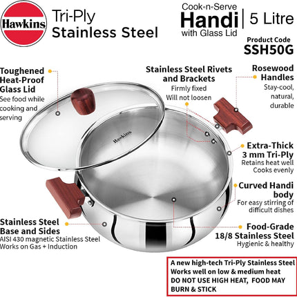 Hawkins Tri Ply Stainless Steel Handi 3L 4L 5L Glass Lid Induction Compatible Cook Serve Pot