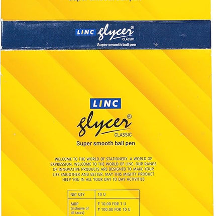 Linc Glycer Smooth Ball Pen Card Pack | 0.6 mm Nickel Silver Tip | Comfortable Elastomeric Rubber Grip | Fast flowing Ink Technology For Smudge-free writing | Blue, Set of 10