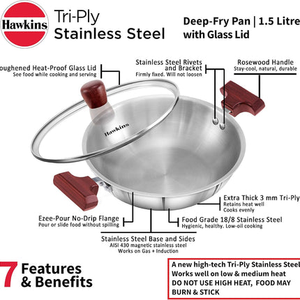 Hawkins Tri Ply Stainless Steel Kadai 1.5L and 2.5L Deep Fry Pan Glass Lid Induction Compatible