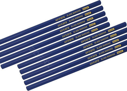 APSARA Glass Marking Pencils, BLUE, Pack of 10, Wax Based Smooth Lead, Ideal for Glass Leather Metal Vinyl Optical Lenses Marking, iZOFAX Black Ball Pen