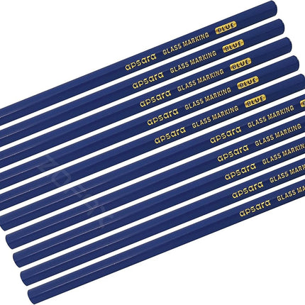 APSARA Glass Marking Pencils, BLUE, Pack of 10, Wax Based Smooth Lead, Ideal for Glass Leather Metal Vinyl Optical Lenses Marking, iZOFAX Black Ball Pen