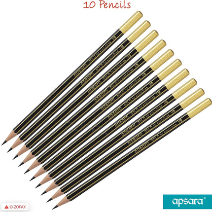 Apsara Gold 10 Wooden Pencils Eraser Sharpener Break-Resistant Lead Office School