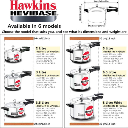 Hawkins Hevibase Aluminium Pressure Cooker 2L to 8L Heavy Base Induction Compatible for Gas and Electric Stoves