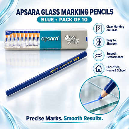 Apsara Glass Marking Pencils Pack of 10 White OR Blue Marking for Glass, Metal, Leather & Smooth Surfaces ,Clear Smooth & Precise Marking