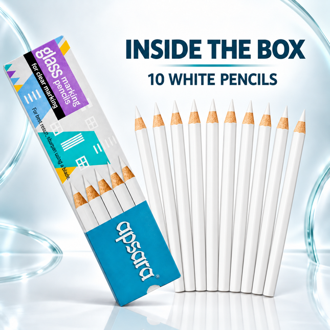 Apsara Glass Marking Pencils Pack of 10 White OR Blue Marking for Glass, Metal, Leather & Smooth Surfaces ,Clear Smooth & Precise Marking