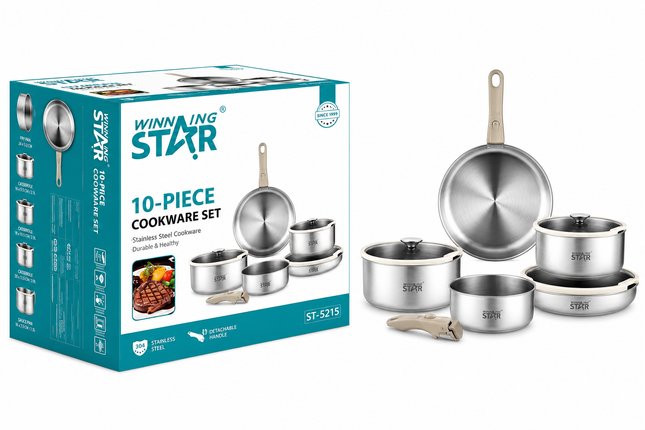 Winning Star Stainless Steel Cookware Set Pots Pans + Lids  6, 8 , 10 Pcs Everyday Cooking