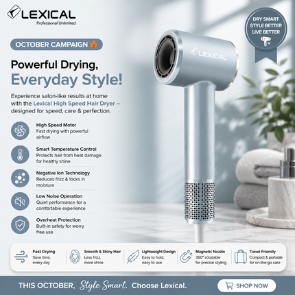 Lexical Germany Turbo Force Hair Dryer | 1700W BLDC Motor | Negative Ion Technology |EU Plug