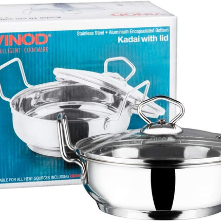 VINOD Stainless Steel Kadai + Glass Lid Deep Indian Kadhai Pan 18cm 20cm 24cm 26cm 30cm Heavy Duty Frying Curries  Stir Fry GAS Induction Compatible Cooking