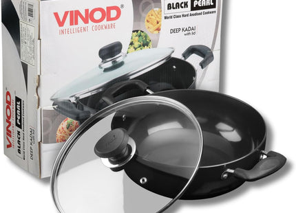 Vinod Black Pearl Hard Anodized Deep Kadai with Glass Lid Heavy Duty Aluminium Kadhai Gas & Induction Compatible Metal Spoon Safe Non-Stick Cooking | Sizes: 18cm, 20cm, 22cm, 24cm, 26cm