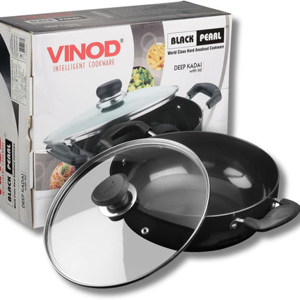 VINOD Hard Anodized Aluminium Cookware Pan + Glass Lid 18cm 20cm 22cm 24cm 26cm Stove Compatible Kitchen Cookware Durable Cooking  Curry Rice Everyday Meals
