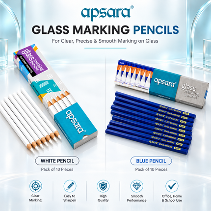 Apsara Glass Marking Pencils Pack of 10 White OR Blue Marking for Glass, Metal, Leather & Smooth Surfaces ,Clear Smooth & Precise Marking