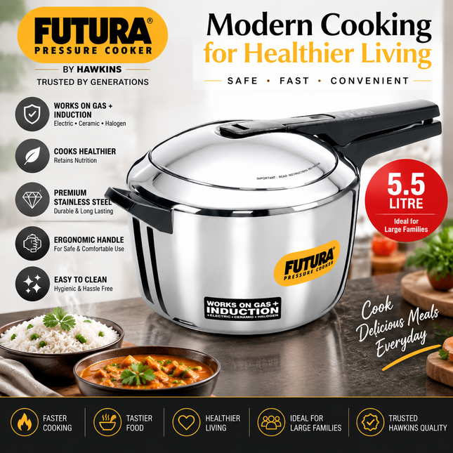 Hawkins Futura Stainless Steel Pressure Cooker 5.5L Inner Lid Induction Compatible Cooker