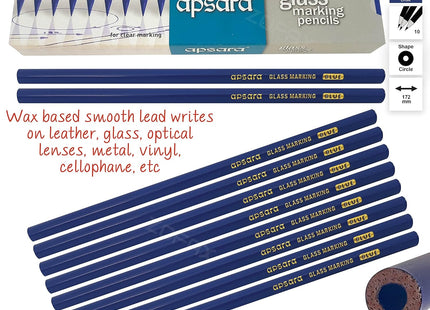 APSARA Glass Marking Pencils, BLUE, Pack of 10, Wax Based Smooth Lead, Ideal for Glass Leather Metal Vinyl Optical Lenses Marking, iZOFAX Black Ball Pen