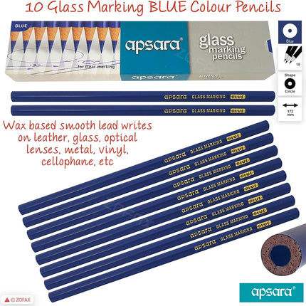 APSARA Glass Marking Pencils, BLUE, Pack of 10, Wax Based Smooth Lead, Ideal for Glass Leather Metal Vinyl Optical Lenses Marking, iZOFAX Black Ball Pen
