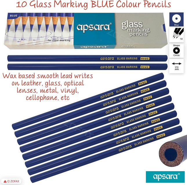 APSARA Glass Marking Pencils, BLUE, Pack of 10, Wax Based Smooth Lead, Ideal for Glass Leather Metal Vinyl Optical Lenses Marking, iZOFAX Black Ball Pen