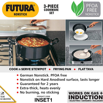 Hawkins Futura 5 Piece Non Stick Cookware Set Induction Compatible Aluminium Frying Pan Flat Tawa Stewpot