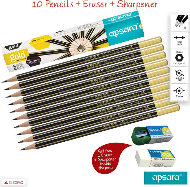 Apsara Gold 10 Wooden Pencils Eraser Sharpener Break-Resistant Lead Office School