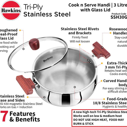 Hawkins Tri Ply Stainless Steel Handi 3L 4L 5L Glass Lid Induction Compatible Cook Serve Pot