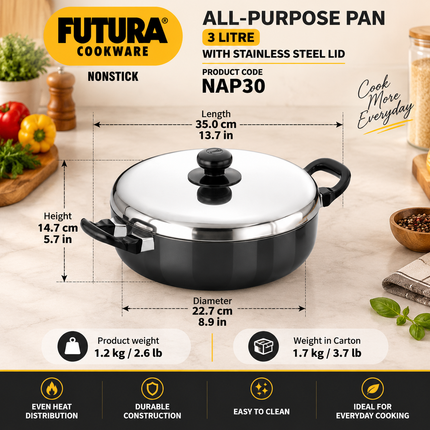 Hawkins Futura Non Stick All Purpose Pan Lid Hard Anodised Aluminium Deep Frying Pan 2.5L 3L Sautéing Stir